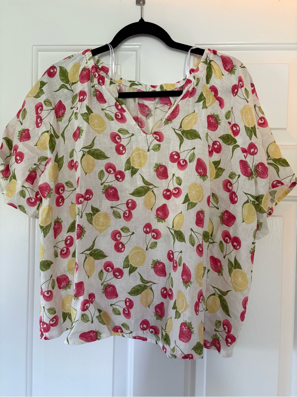Isaac Mizrahi White Fruit-Print Short Sleeve Blouse with Pink & Yellow